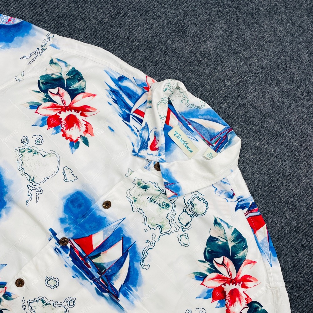 Caribbean Mens XL White‎ Tropical Sailboat Floral Button Down Shirt Nautical